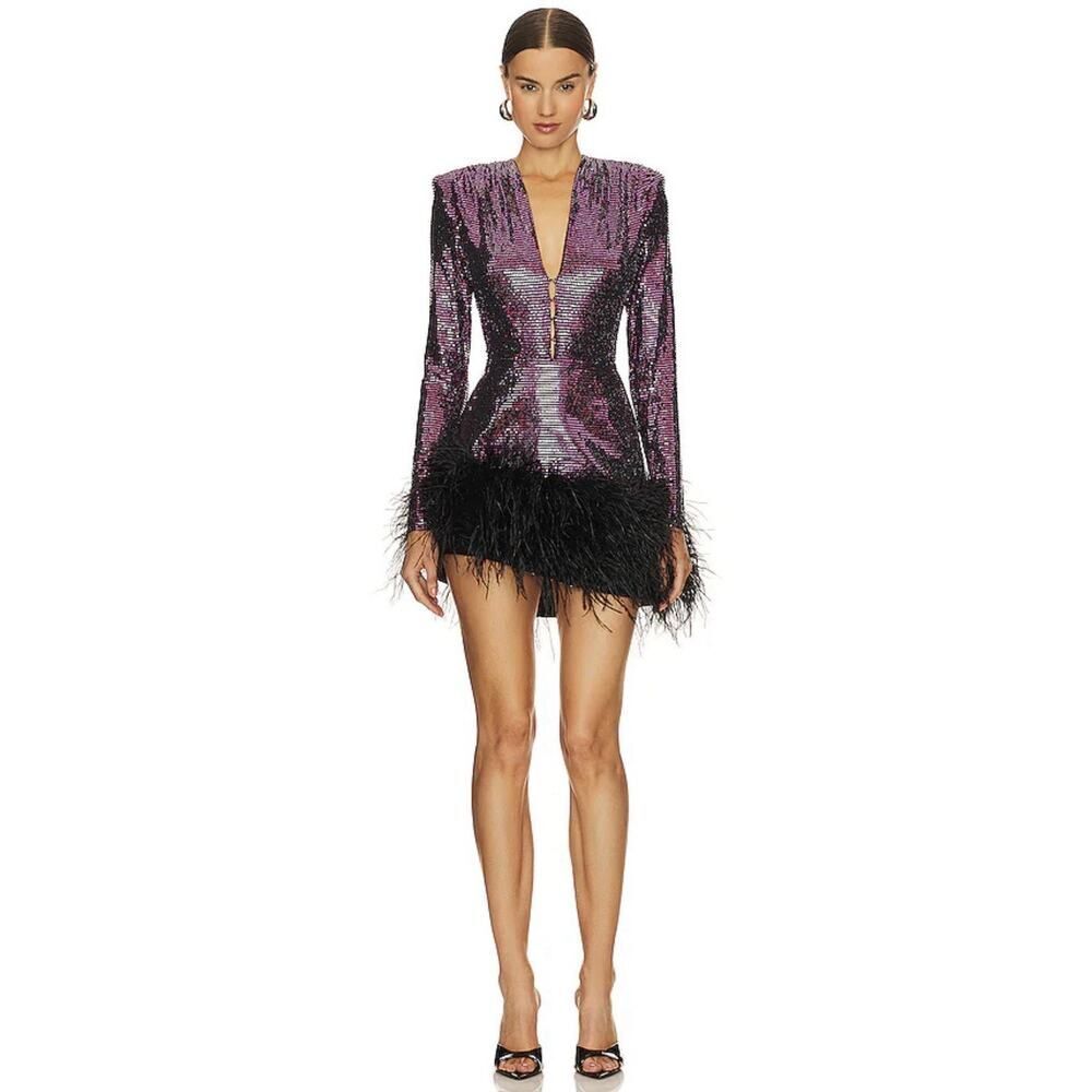 NWT Bronx and Banco Kyoto Sequin Mini Dress Purple Ostrich Feather Hem L